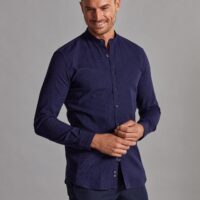 Café Coton Chemise Léo texturée marine - Col Mao